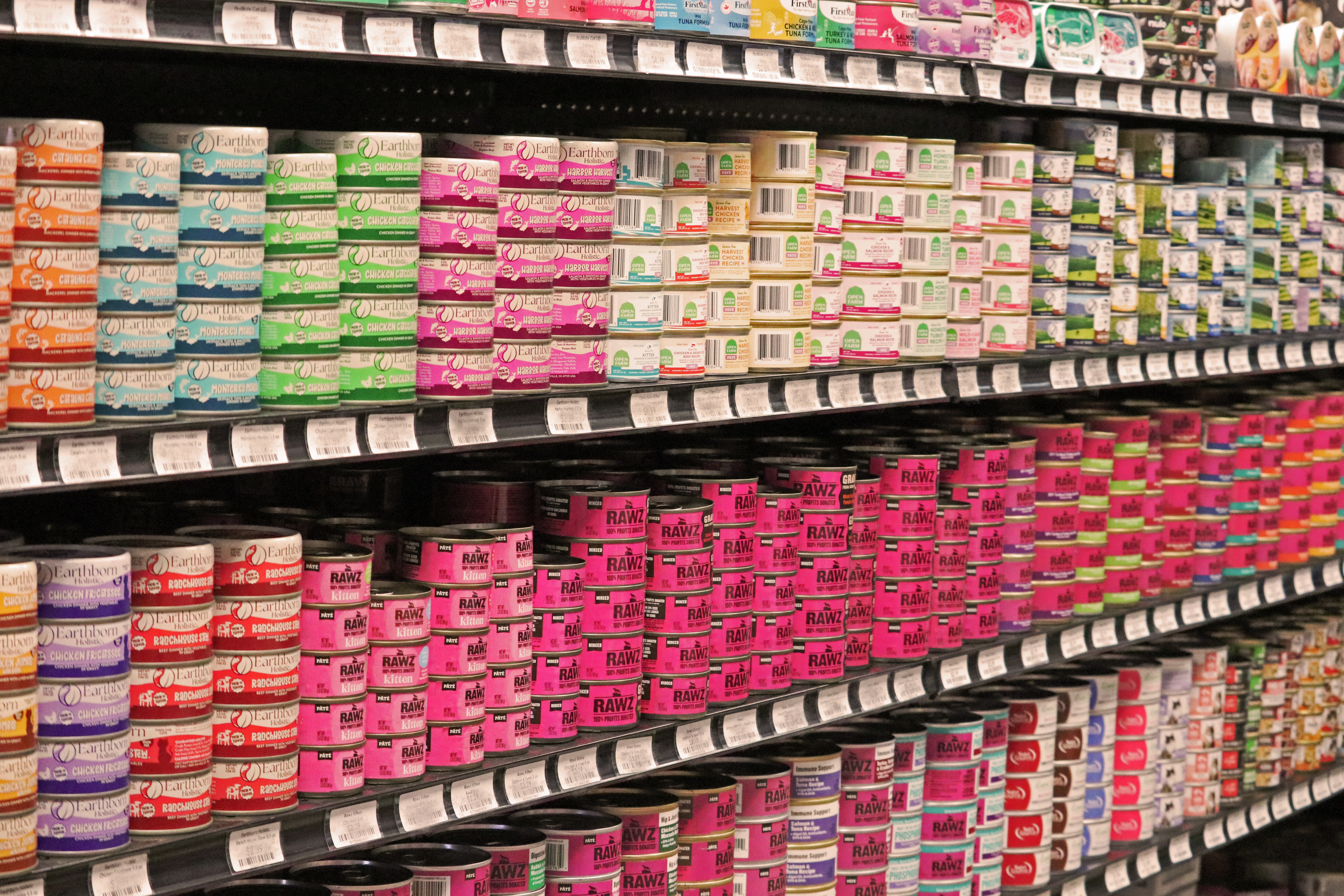 Cat canned food wall at Wishbone Pet Co.