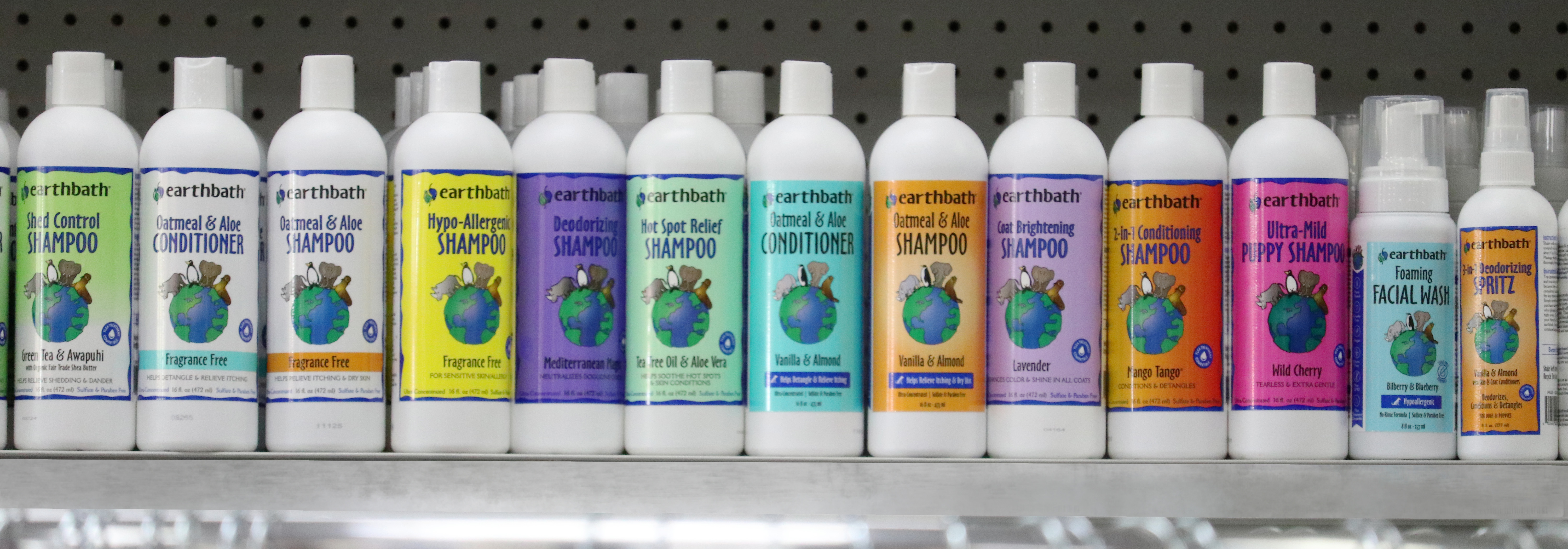Earthbath shampoo and conditioner lineup at Wishbone Pet Co.